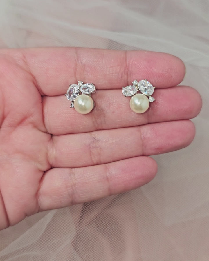 Silver or Gold pearl cluster earrings with Oval CZ stones from Cassandra Lynne
