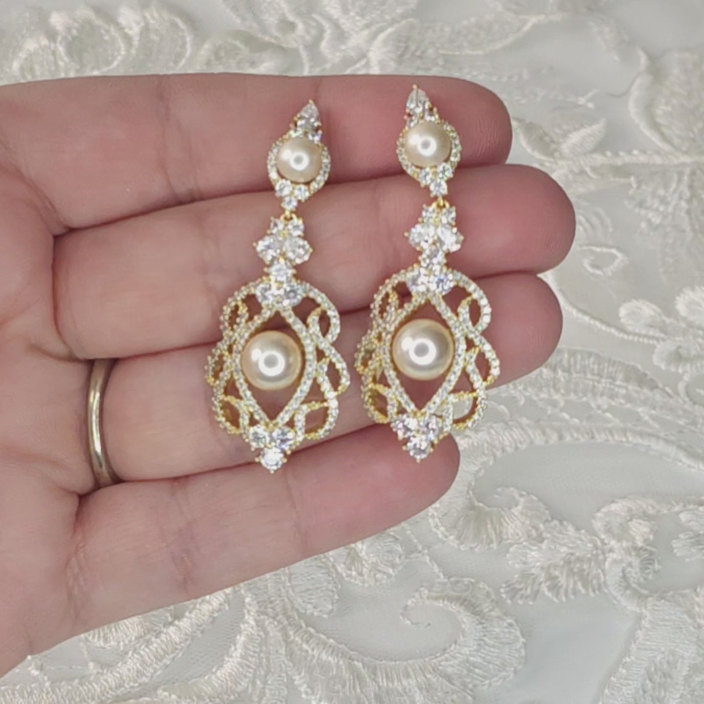 CZ Bridal Art Deco Earrings with Pearls