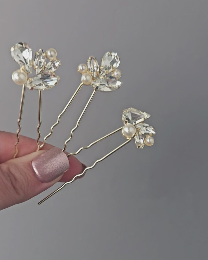 Bridal hair Pin Set Light Gold Silver with pearls and Crystals Bridesmaids Wedding Hair Accessories - Cassandra Lynne