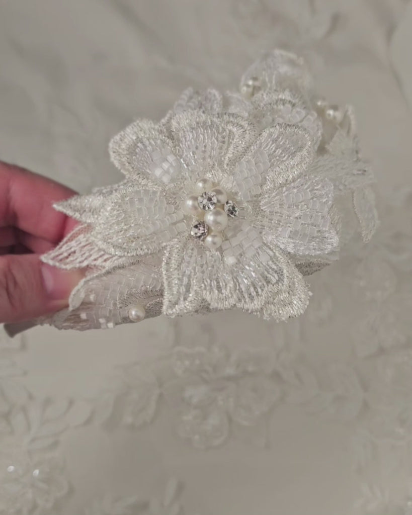 Beaded Lace Bridal Headband in Ivory - Cassandra Lynne