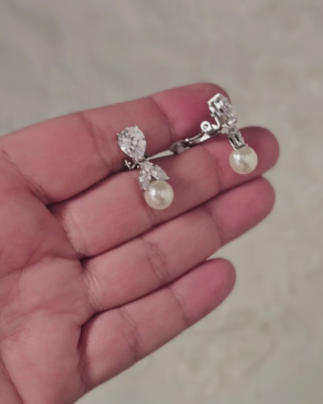 Clip On Pearl Drop CZ Earrings