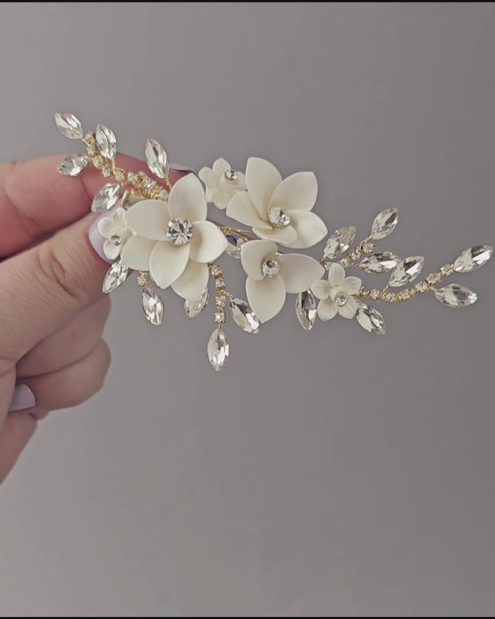 Porcelain Flowers Bridal Hiar Clip in silver or gold from cassandra lynne