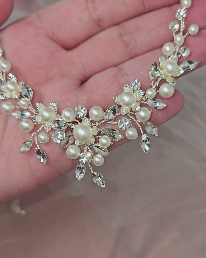 Handmade Ivory Color Pearls and Crystal Clear Rhinestones Bridal Necklace and Earrings from Cassandra Lynne