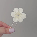 Bridal hair Pins Porcelain Flower with Pearl and Crystal Center Silver Ivory Color - Cassandra Lynne