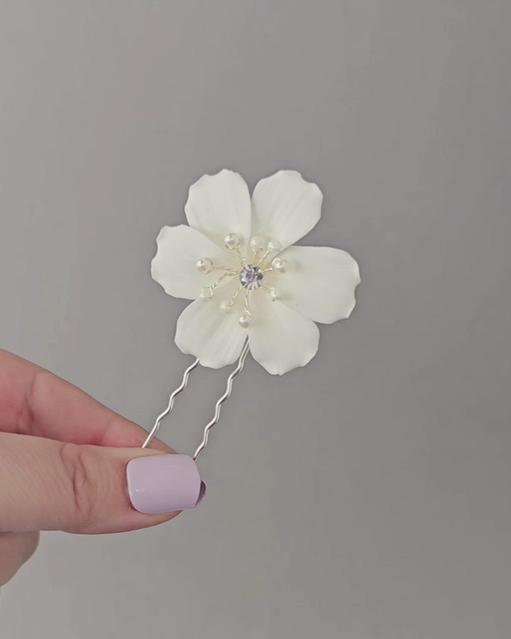 Bridal hair Pins Porcelain Flower with Pearl and Crystal Center Silver Ivory Color - Cassandra Lynne