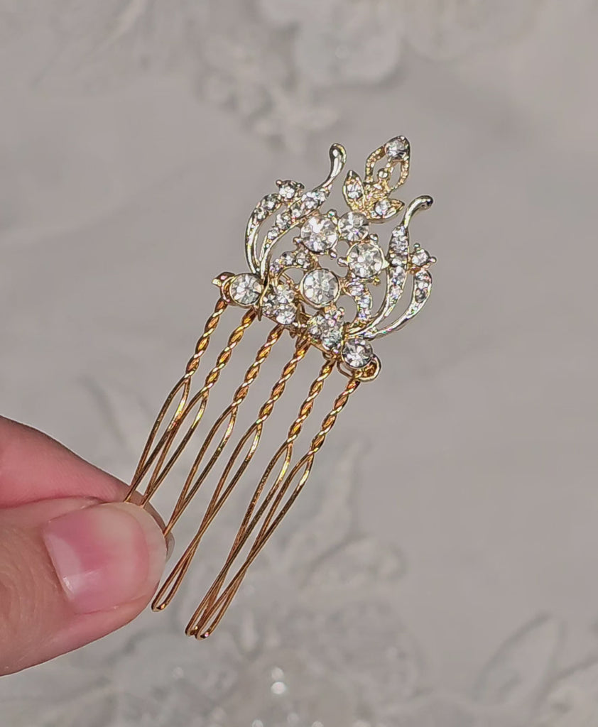 Small Gold bridal hair comb hair accessory with clear crystal stones