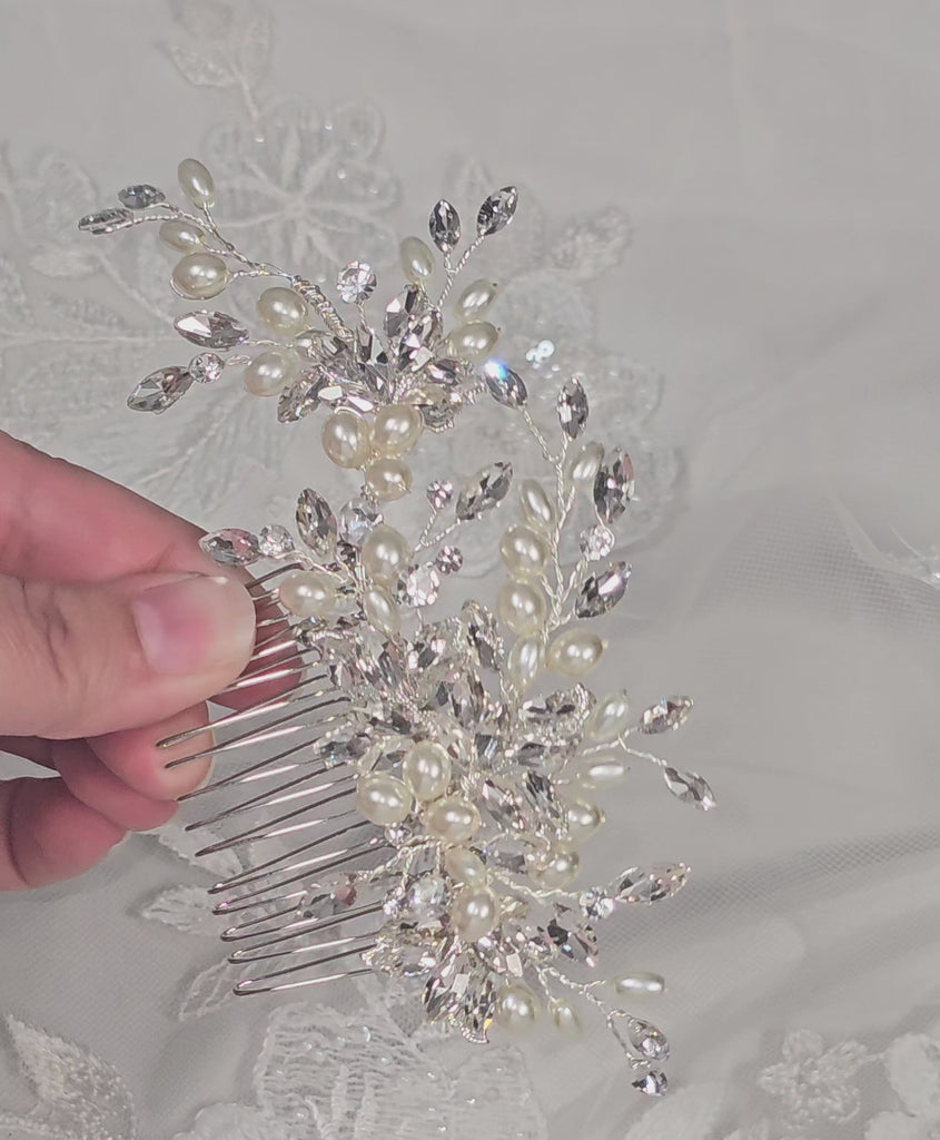 silver wedding hair comb with oval shaped ivory pearls and marquise rhinestones