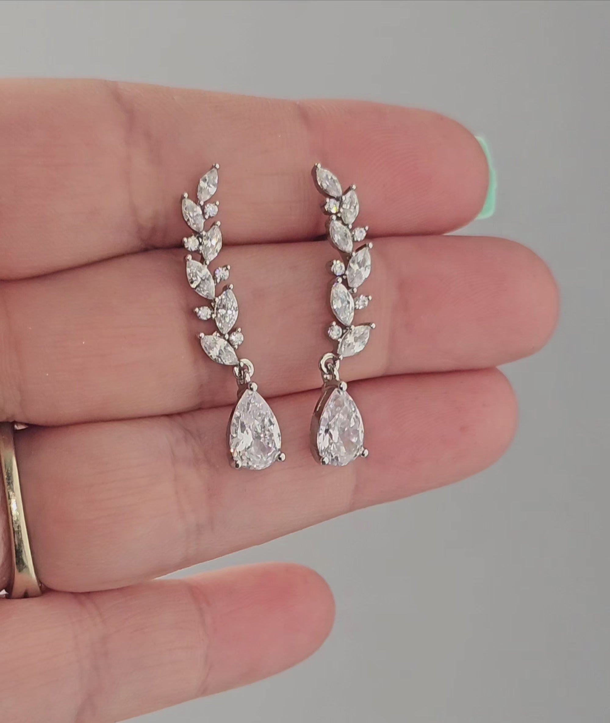 Feather Vine Teardrop CZ Wedding Earrings