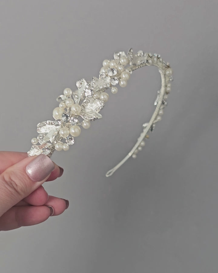 Side Accent Wedding Headband for the bride with pearls and leaves Bridal Accessory- Cassandra Lynne