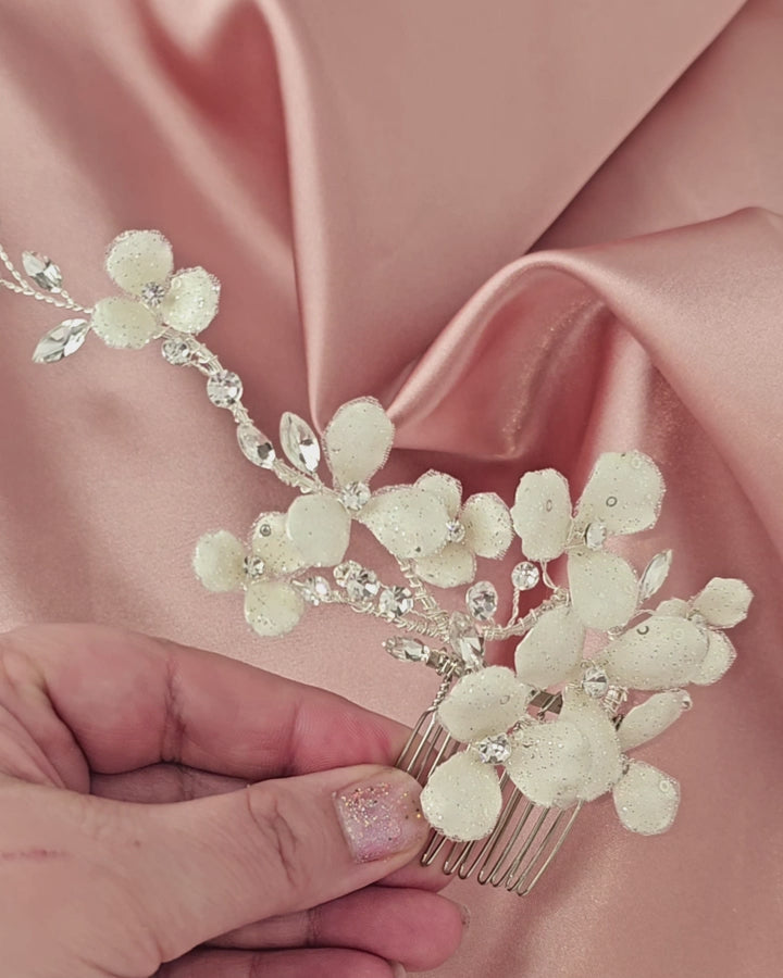 Bridal Hair Flower Glitter and Sequins in Ivory Color Crystal Silver Stones Wedding Hair Comb- Cassandra Lynne