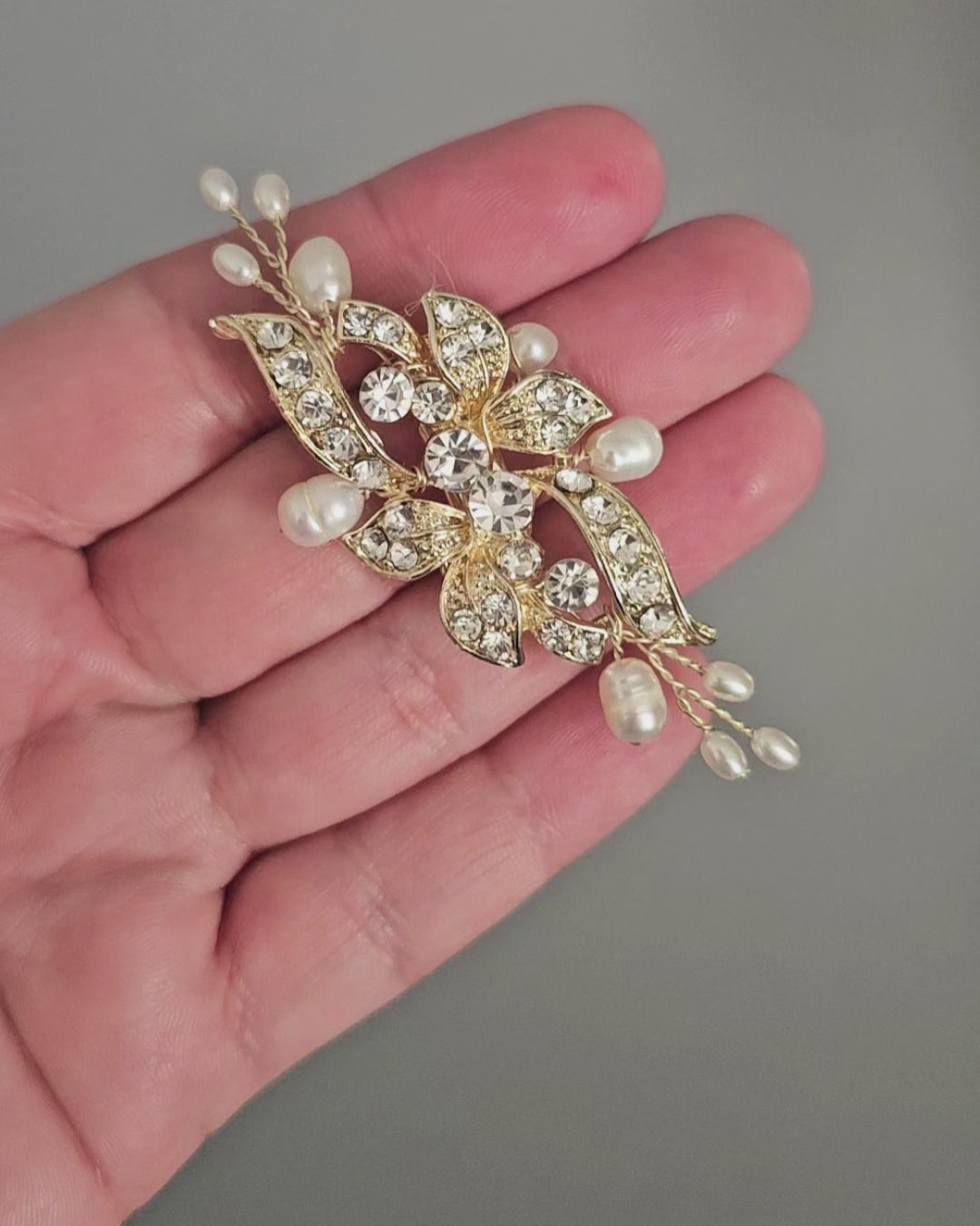 Bridal Hair Clip Small Crystal and Pearl Floral- Gold- Cassandra Lynne