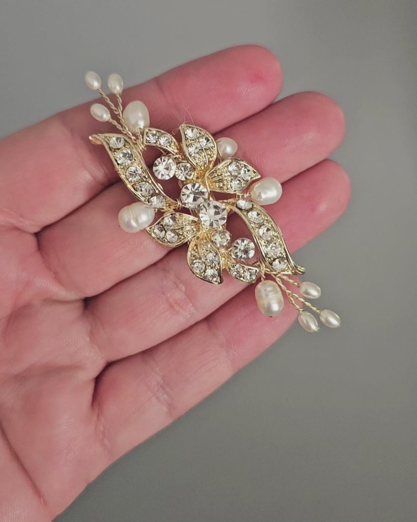 Bridal Hair Clip Small Crystal and Pearl Floral- Gold- Cassandra Lynne