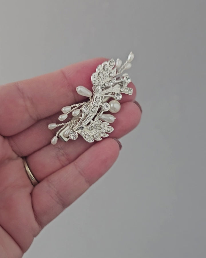 Petite Wedding Hair Clip with Pearls Feather Design Crystal Silver or Light Gold - Cassandra Lynne