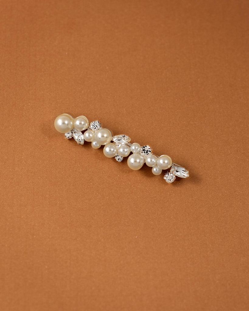 silver hair slide bobby pin for a bride with ivory pearls and rhinestones