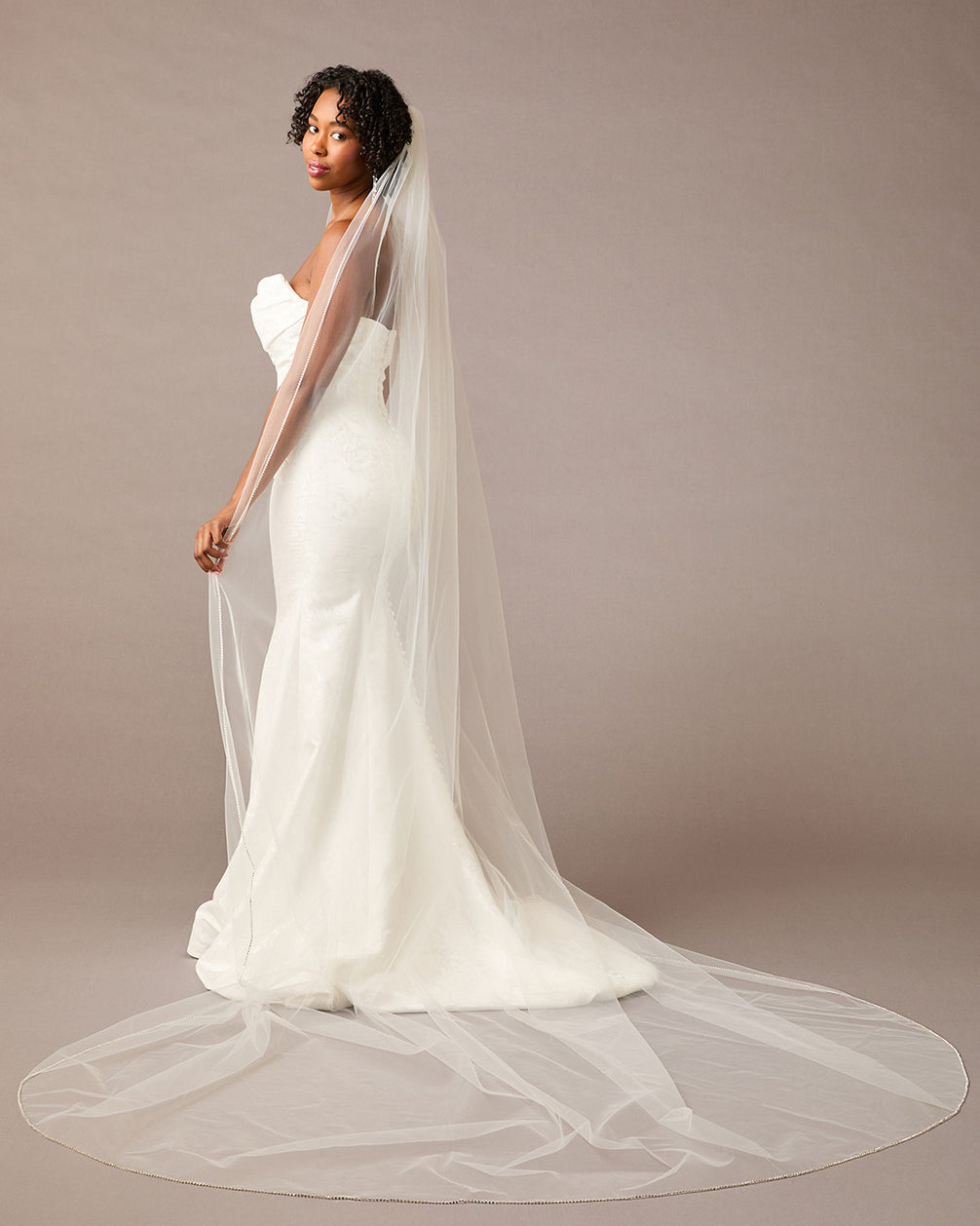 Wide Cathedral Bridal Veil with Rhinestone Chain Trim