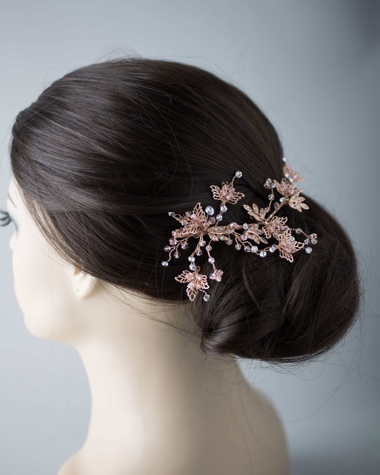 Rose Gold and CLush Crystal Beads Leafy Hair Clip