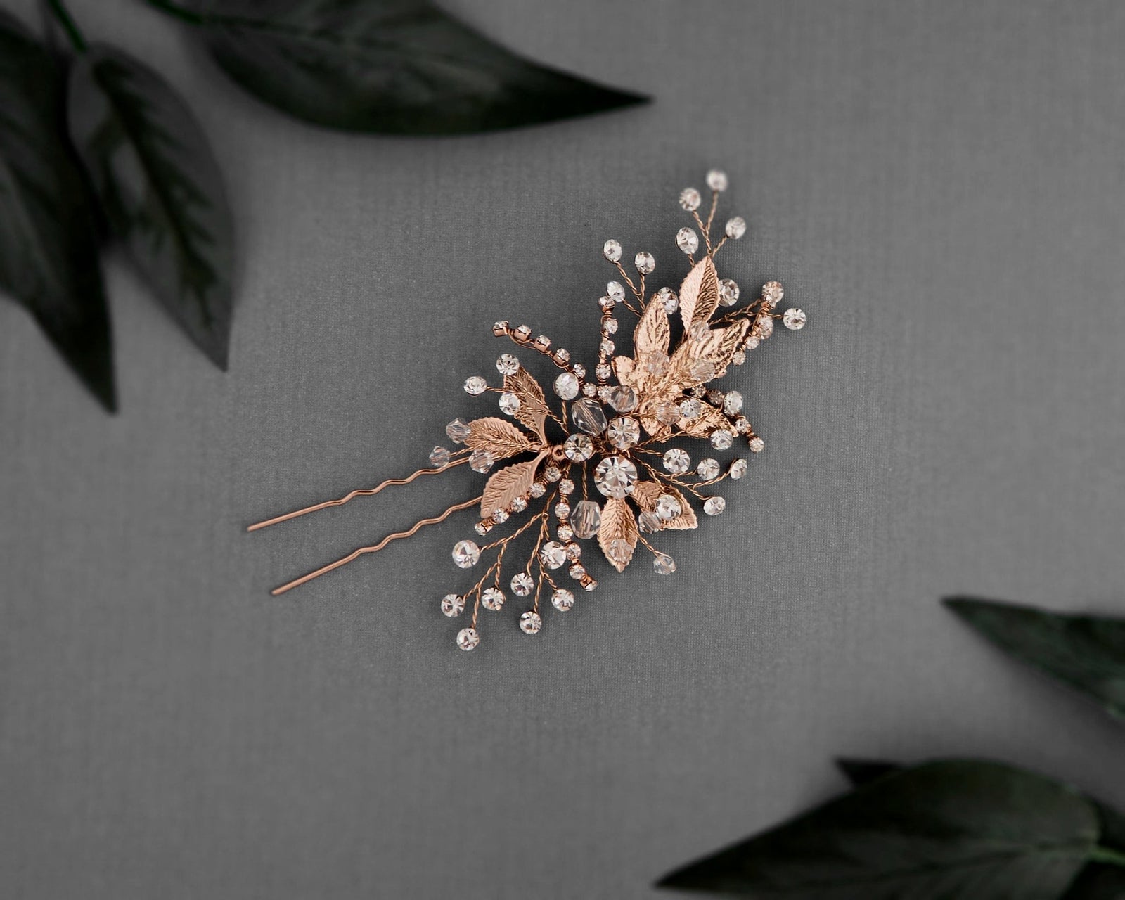 Rose Gold Bridal Hair Pin of Crystals and Leaves - Hair Pins - Cassandra Lynne