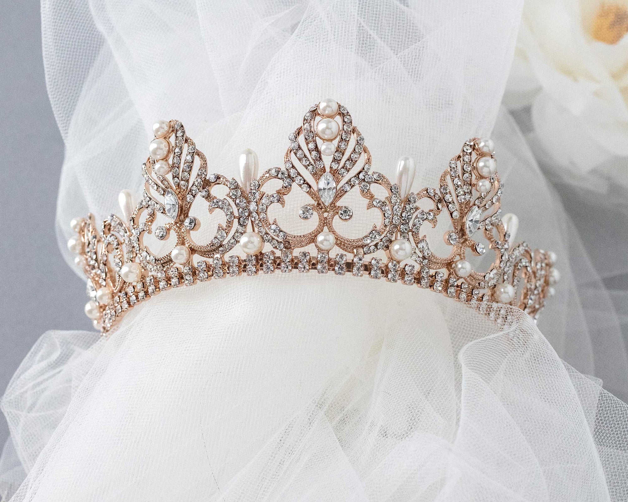 Rose Gold Regal Tiara of Tiara Drop Pearls