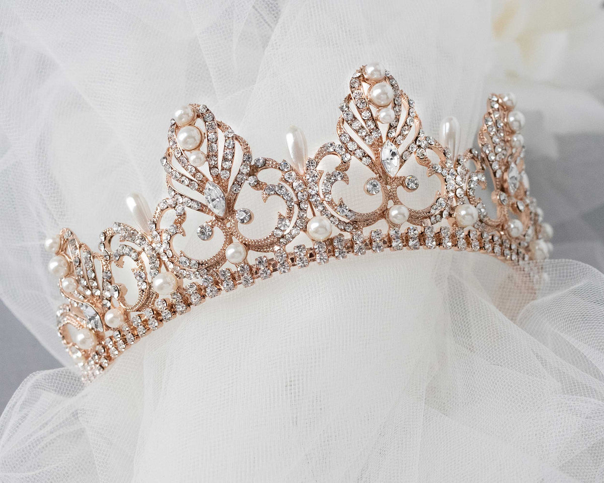 Rose Gold Regal Tiara of Tiara Drop Pearls