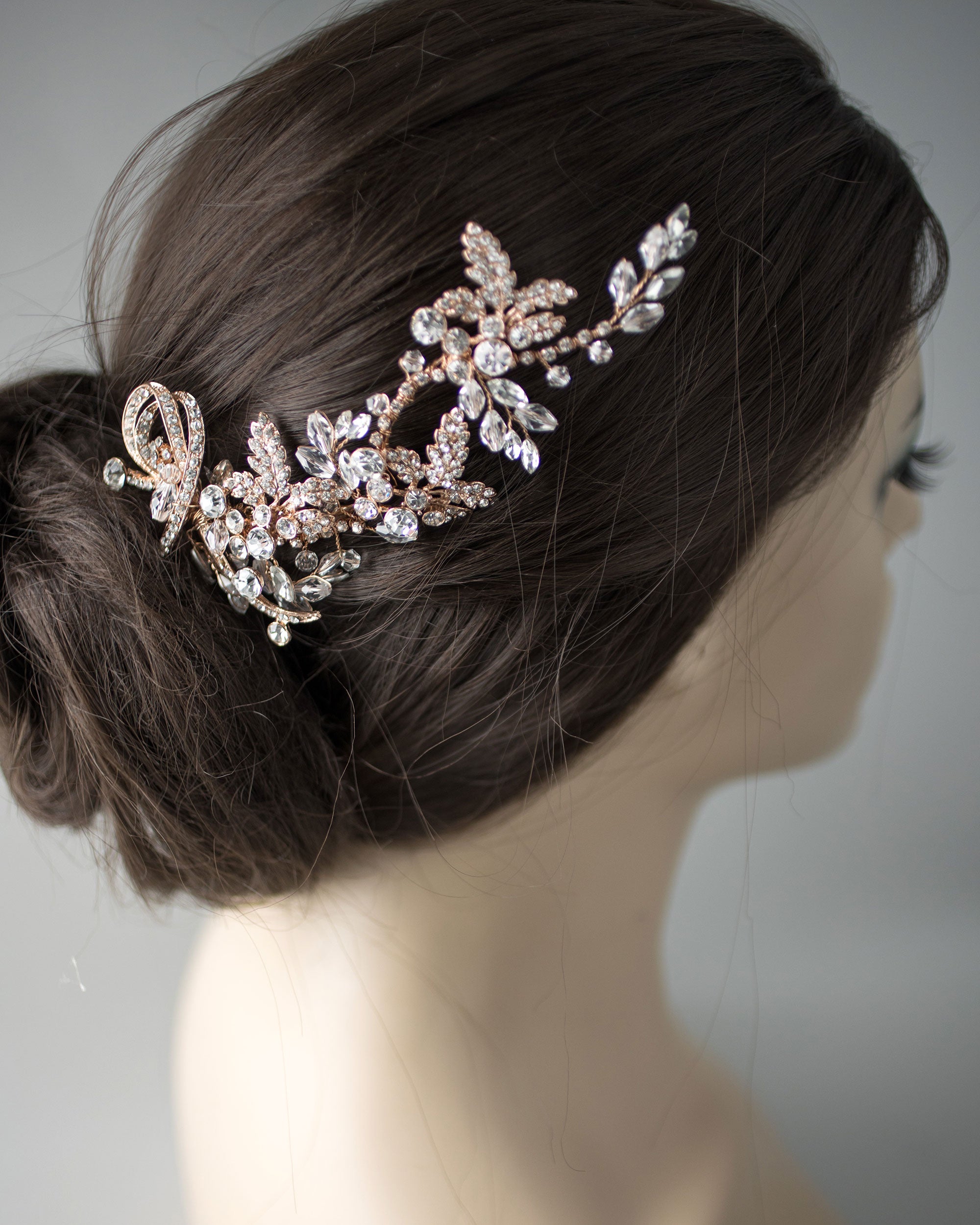 Rose Gold Crystal Floral Bridal Hair Clip