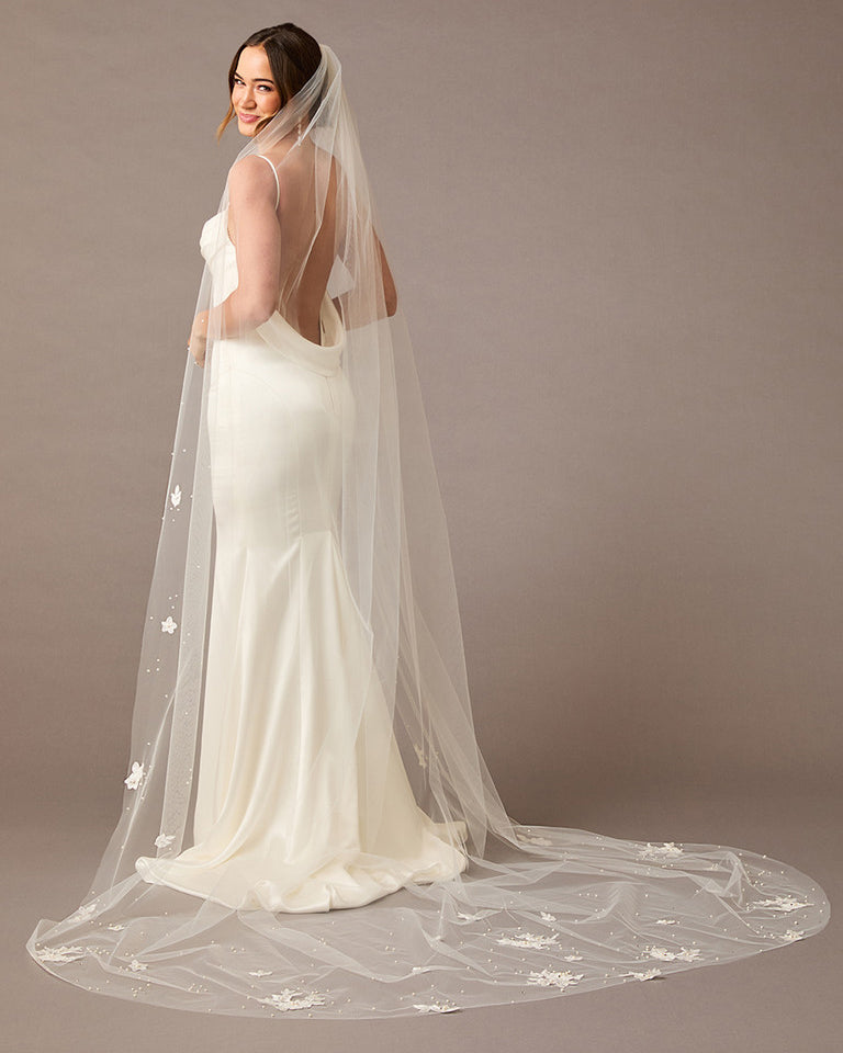 Cathedral Veil With Scattered Lace Pearls and Rhinestones - Cassandra Lynne