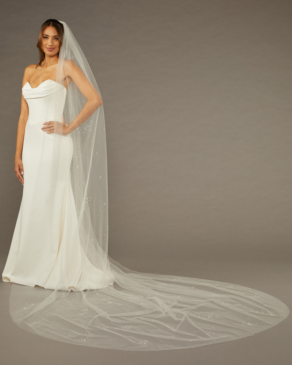 Cathedral Veil with Scattered Clusters of Crystal Beads Woman wearing a wedding dress with a long veil against a brown background