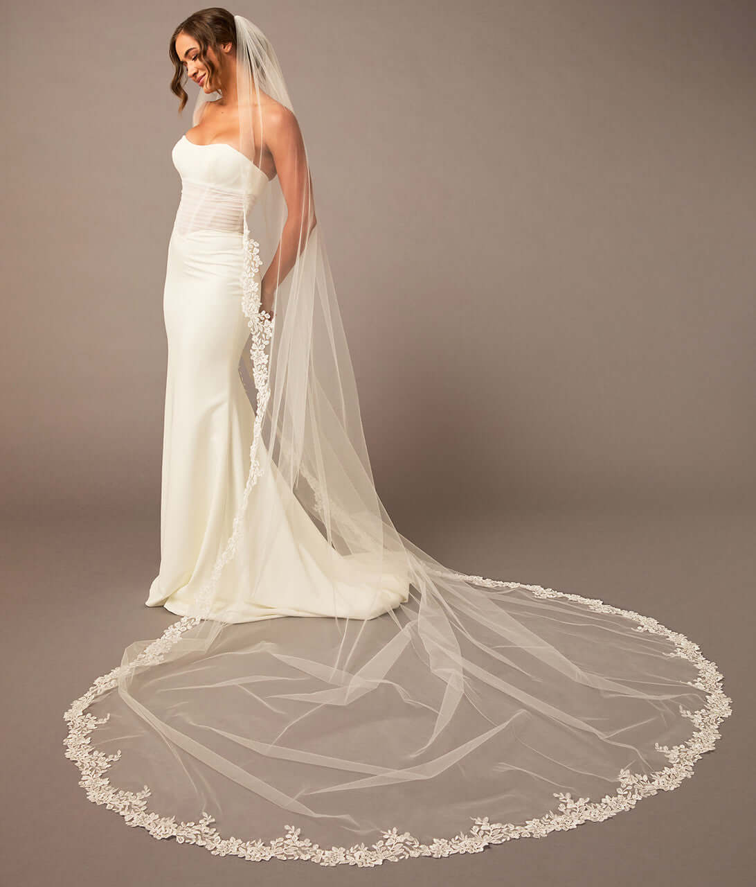 Partial Lace Trim Cathedral Bridal Veil Woman wearing a wedding dress with a long veil on a brown background