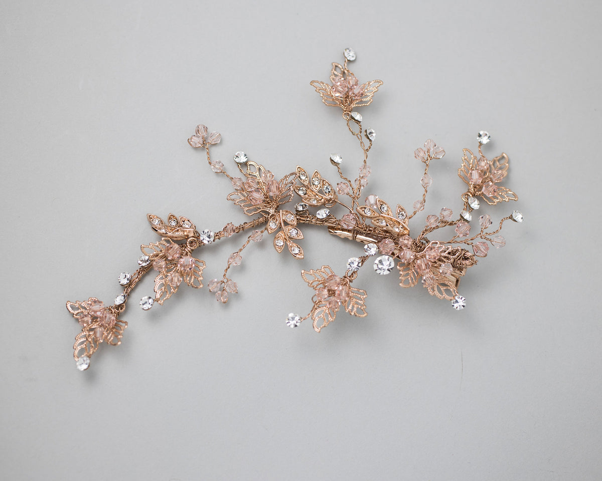 Rose Gold and CLush Crystal Beads Leafy Hair Clip