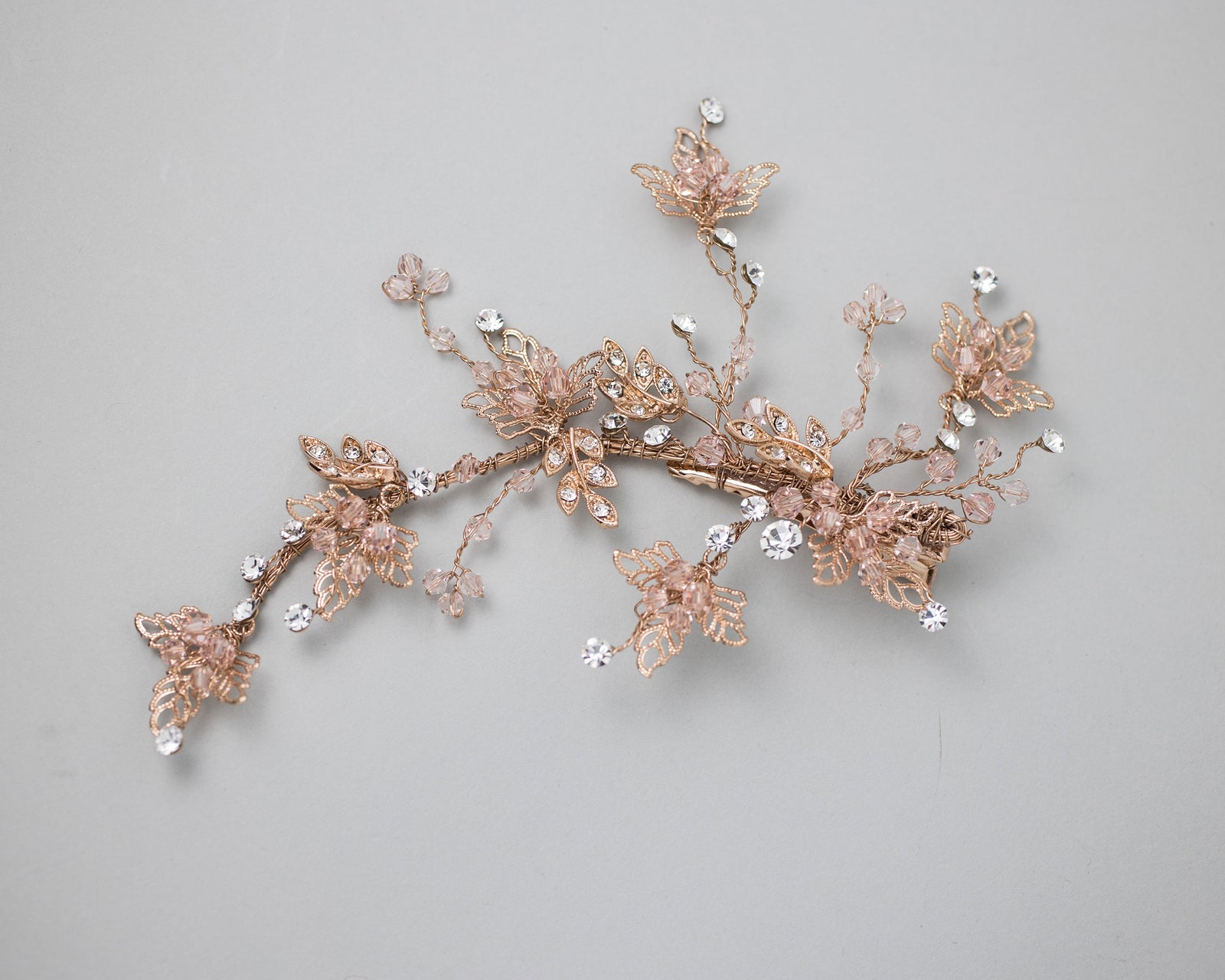 Rose Gold and CLush Crystal Beads Leafy Hair Clip