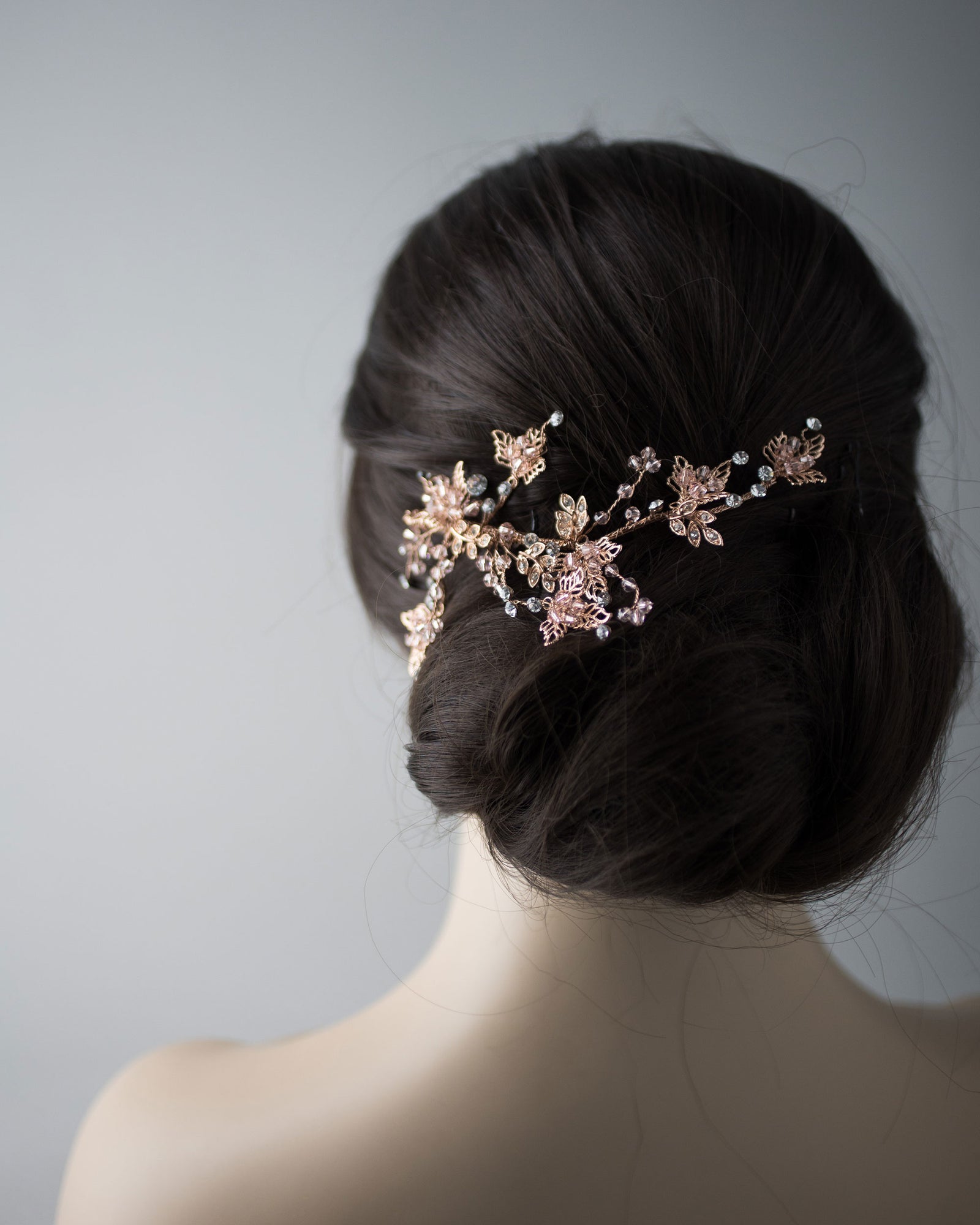 Rose Gold and CLush Crystal Beads Leafy Hair Clip