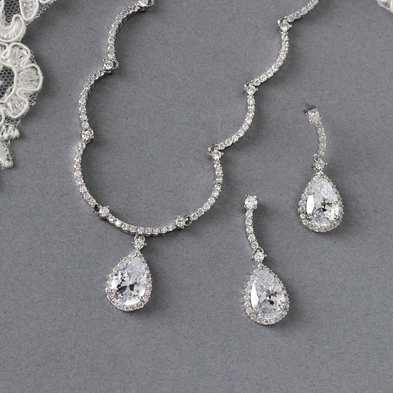 Scalloped CZ Wedding Necklace and Earrings - Necklace Set - Cassandra Lynne