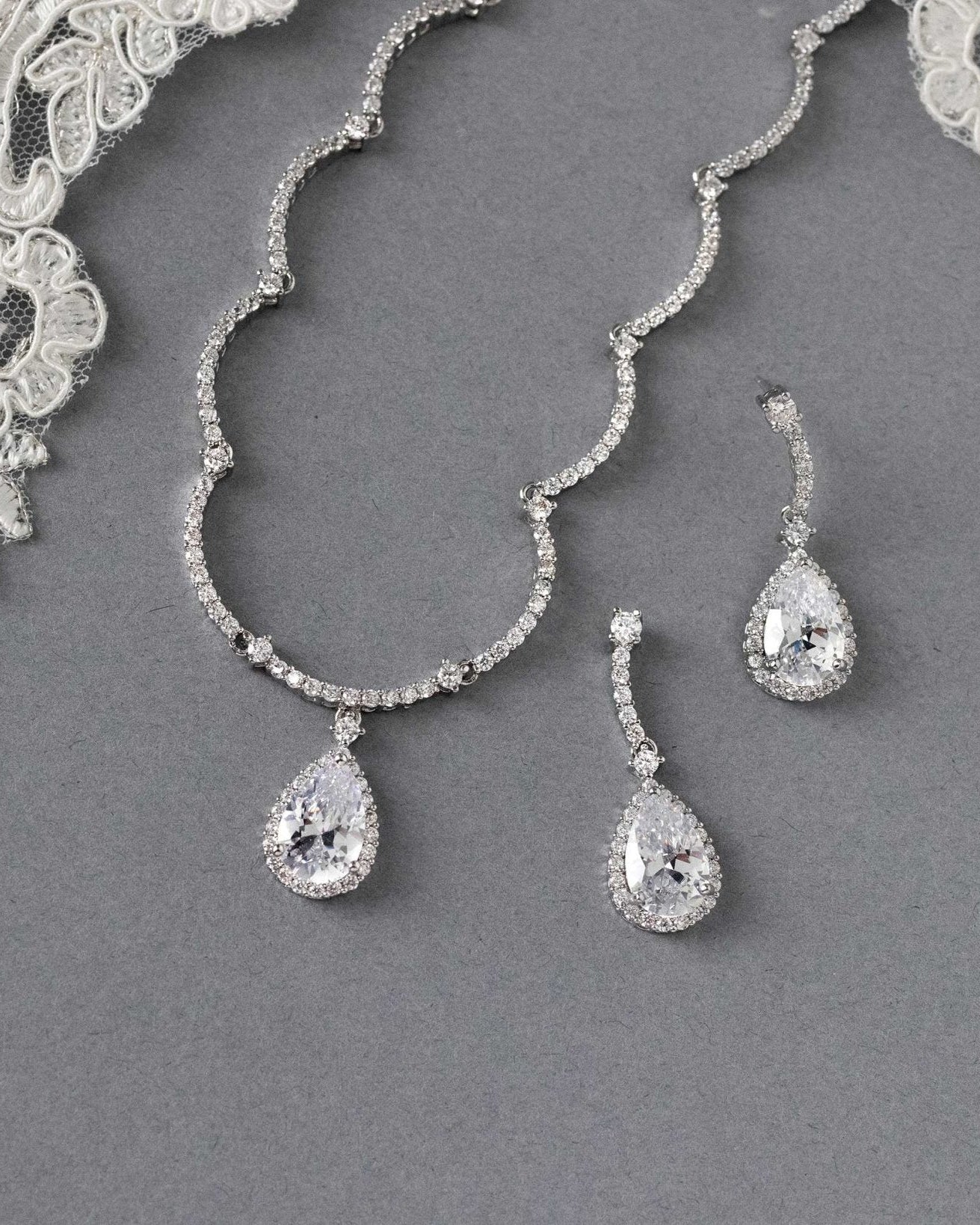 Scalloped CZ Wedding Necklace and Earrings - Necklace Set - Cassandra Lynne