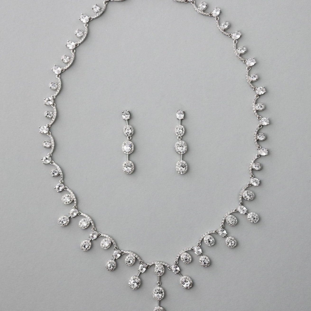 Scalloped Oval Drops CZ Bridal Necklace Set - Necklace Set - Cassandra Lynne