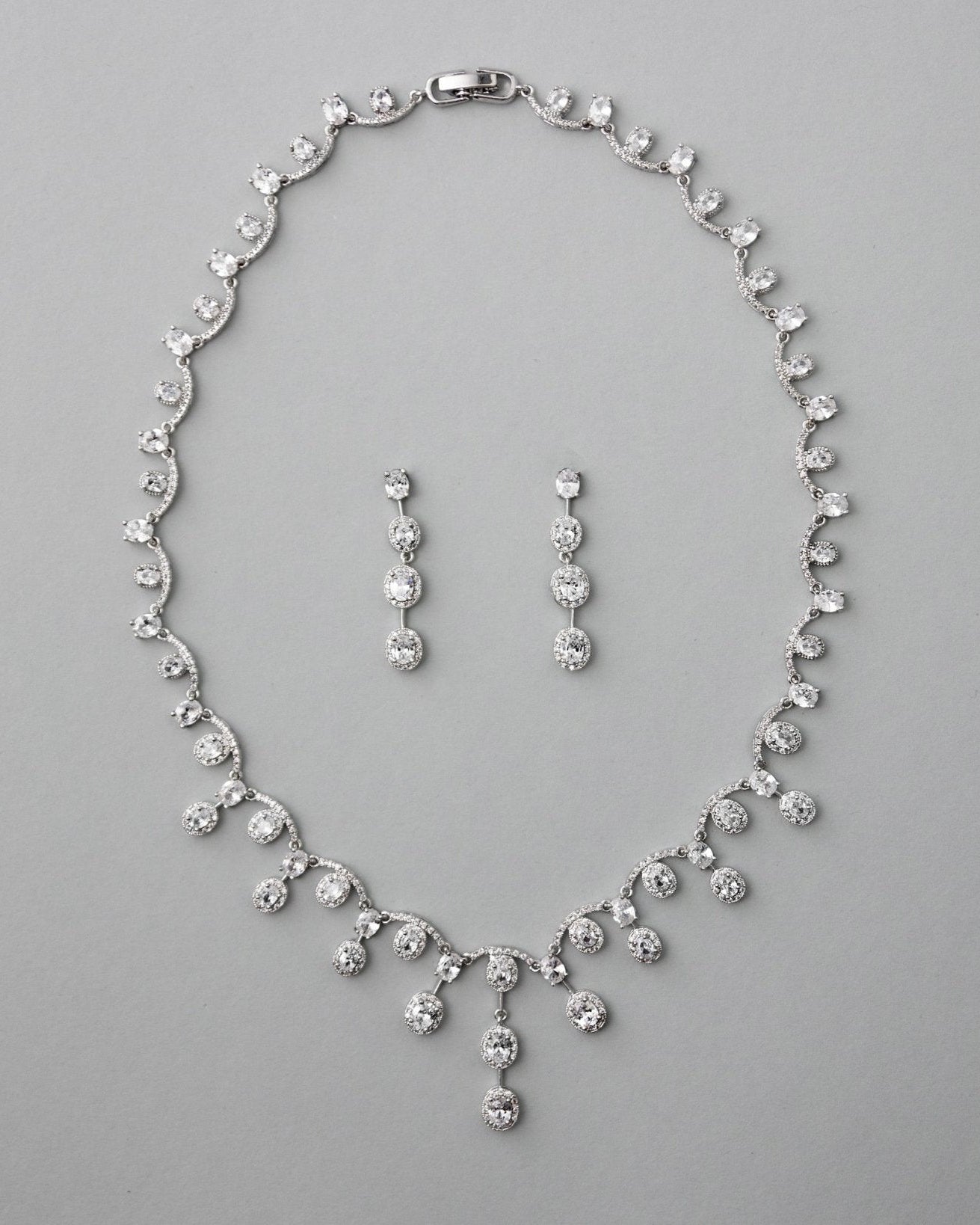 Scalloped Oval Drops CZ Bridal Necklace Set - Necklace Set - Cassandra Lynne