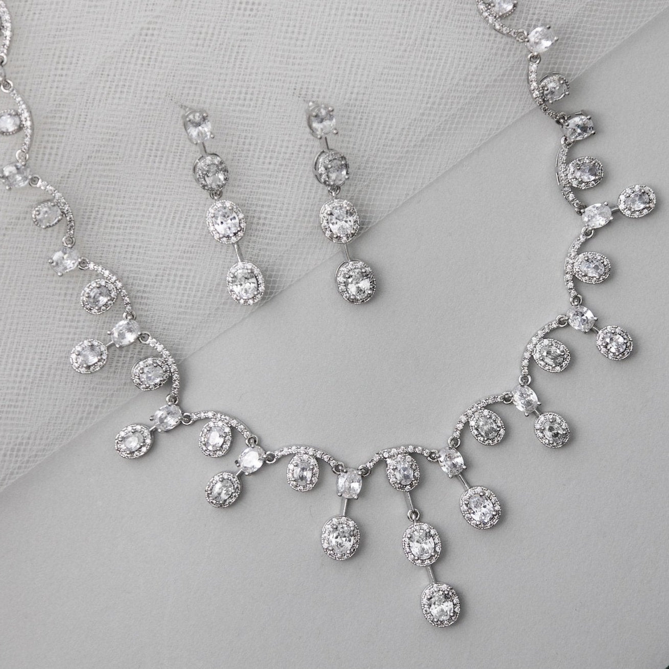 Scalloped Oval Drops CZ Bridal Necklace Set - Necklace Set - Cassandra Lynne