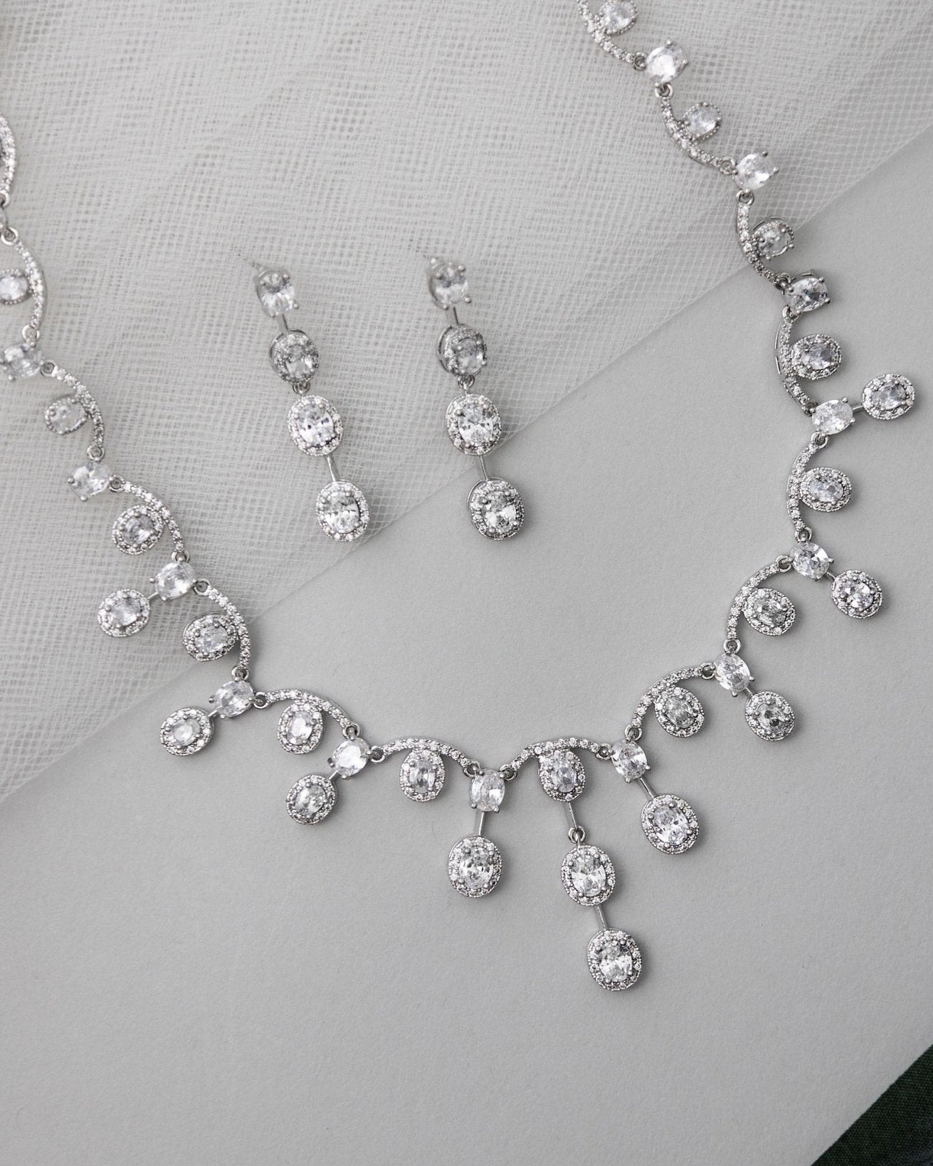 Scalloped Oval Drops CZ Bridal Necklace Set - Necklace Set - Cassandra Lynne