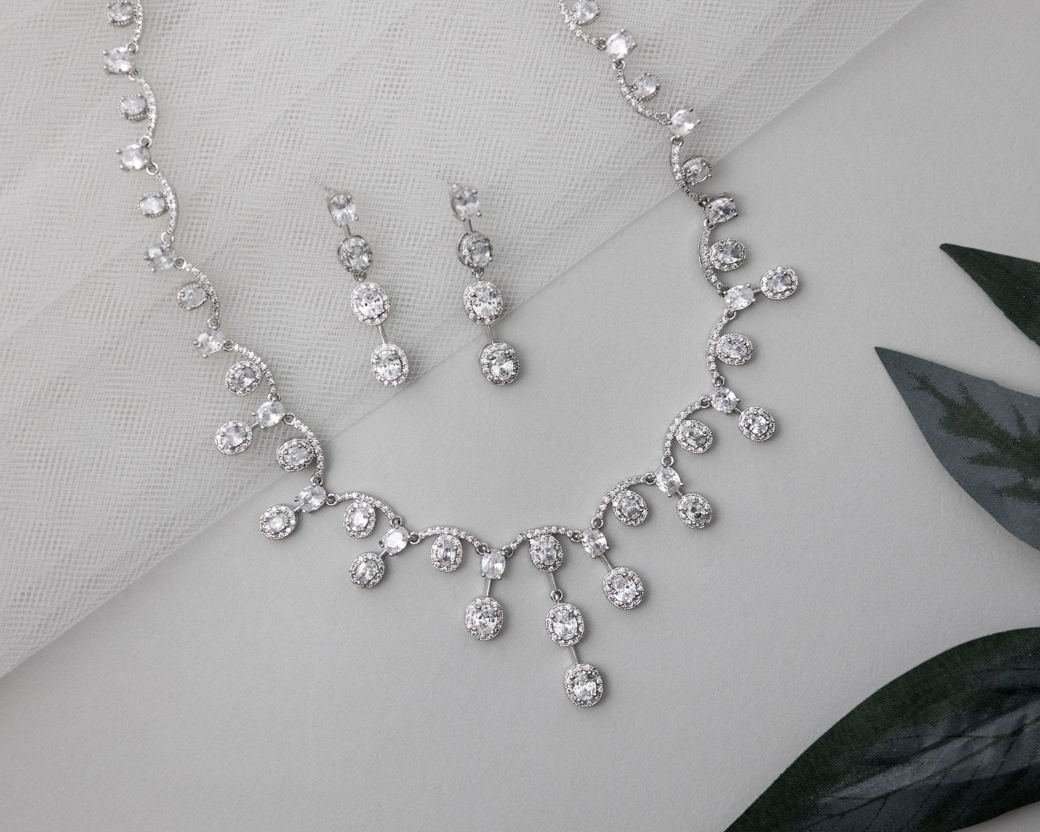 Scalloped Oval Drops CZ Bridal Necklace Set - Necklace Set - Cassandra Lynne