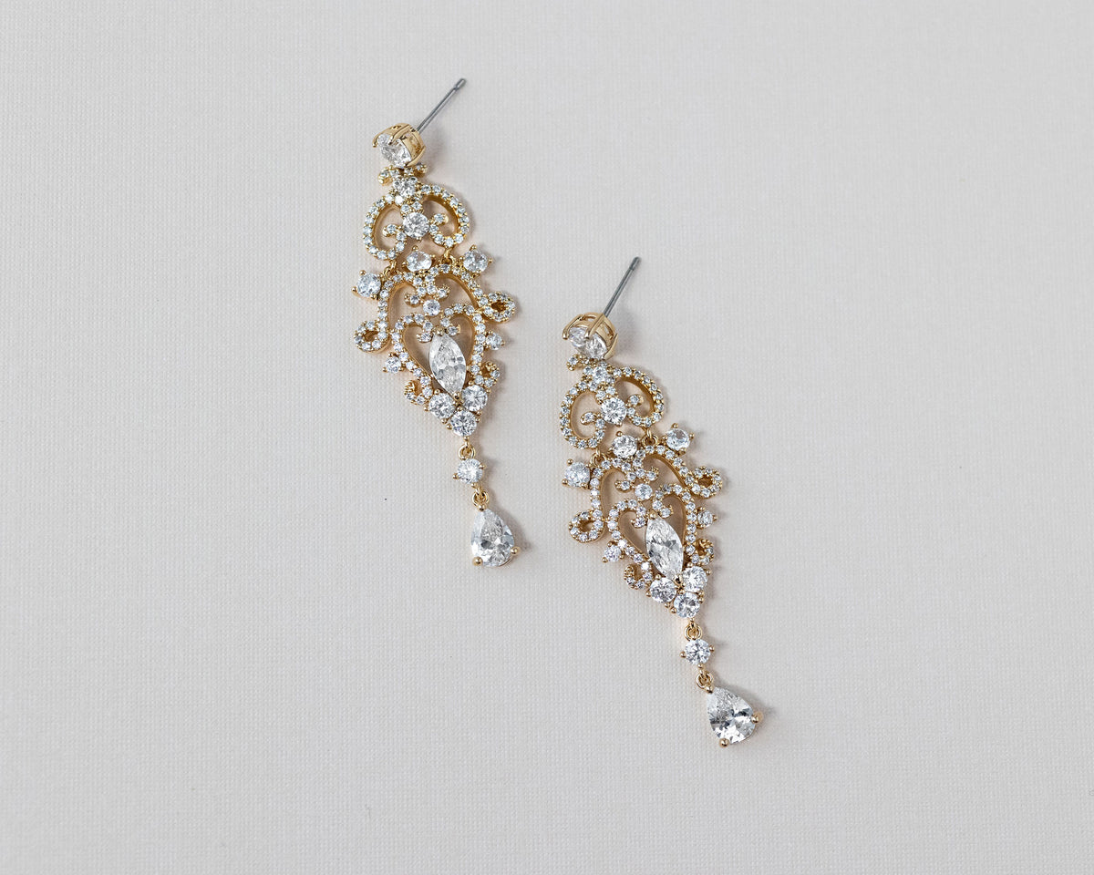 Gold chandelier earrings with CZ stones for the bride