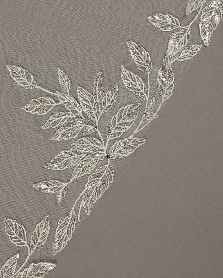 Beaded Leaves Cathedral Wedding Veil Decorative leaf pattern on a gray background