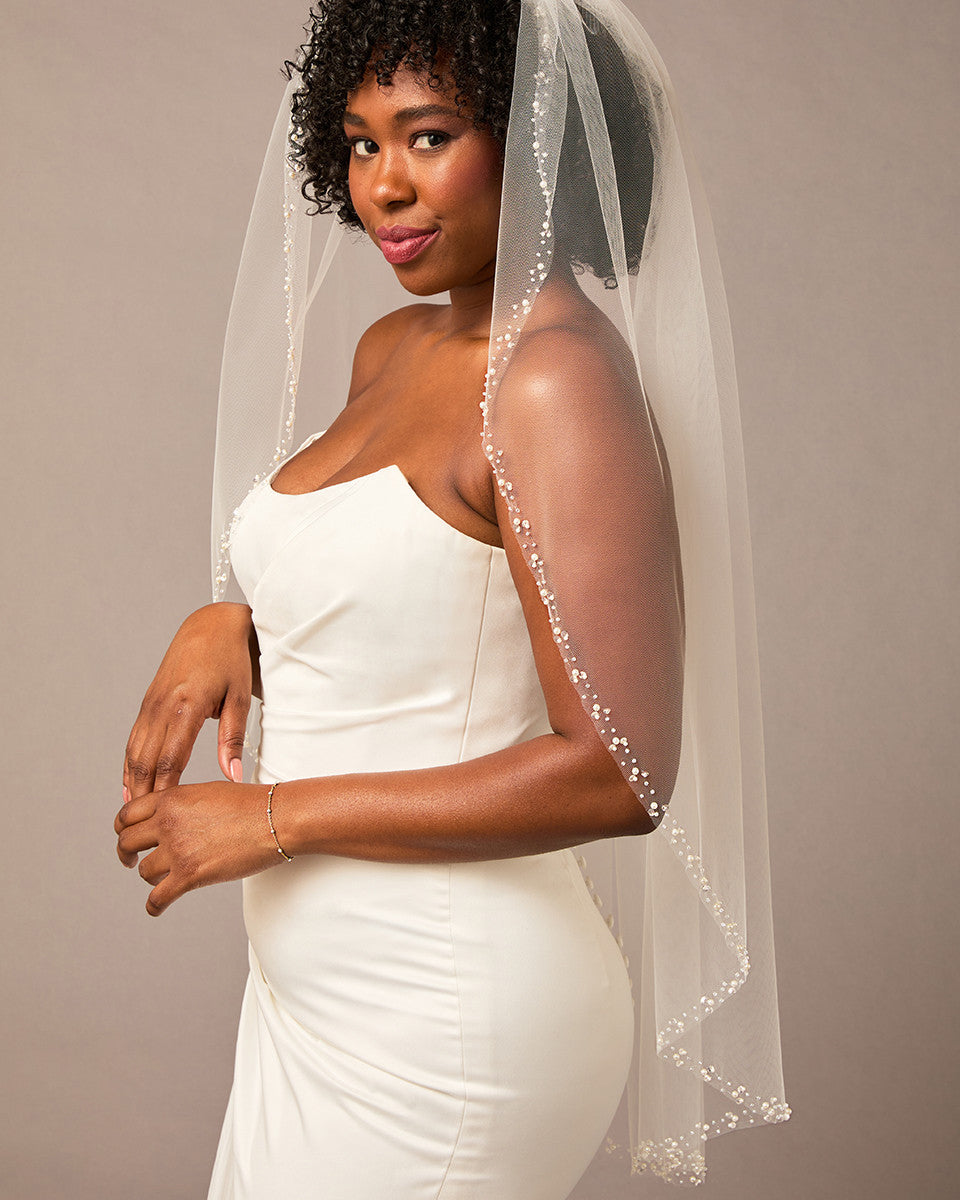 Pearl and Sequin Beaded Wedding Veil Fingertip length - Cassandra Lynne