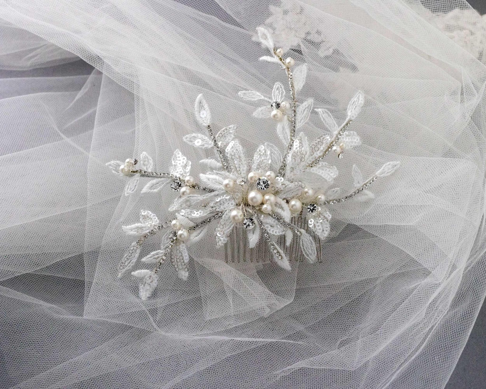 Sequined Lace Wedding Hair Flower in Ivory - Hair Comb - Cassandra Lynne