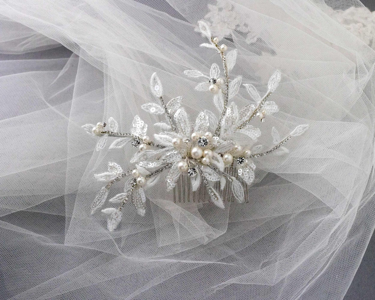 Sequined Lace Wedding Hair Flower in Ivory - Hair Comb - Cassandra Lynne
