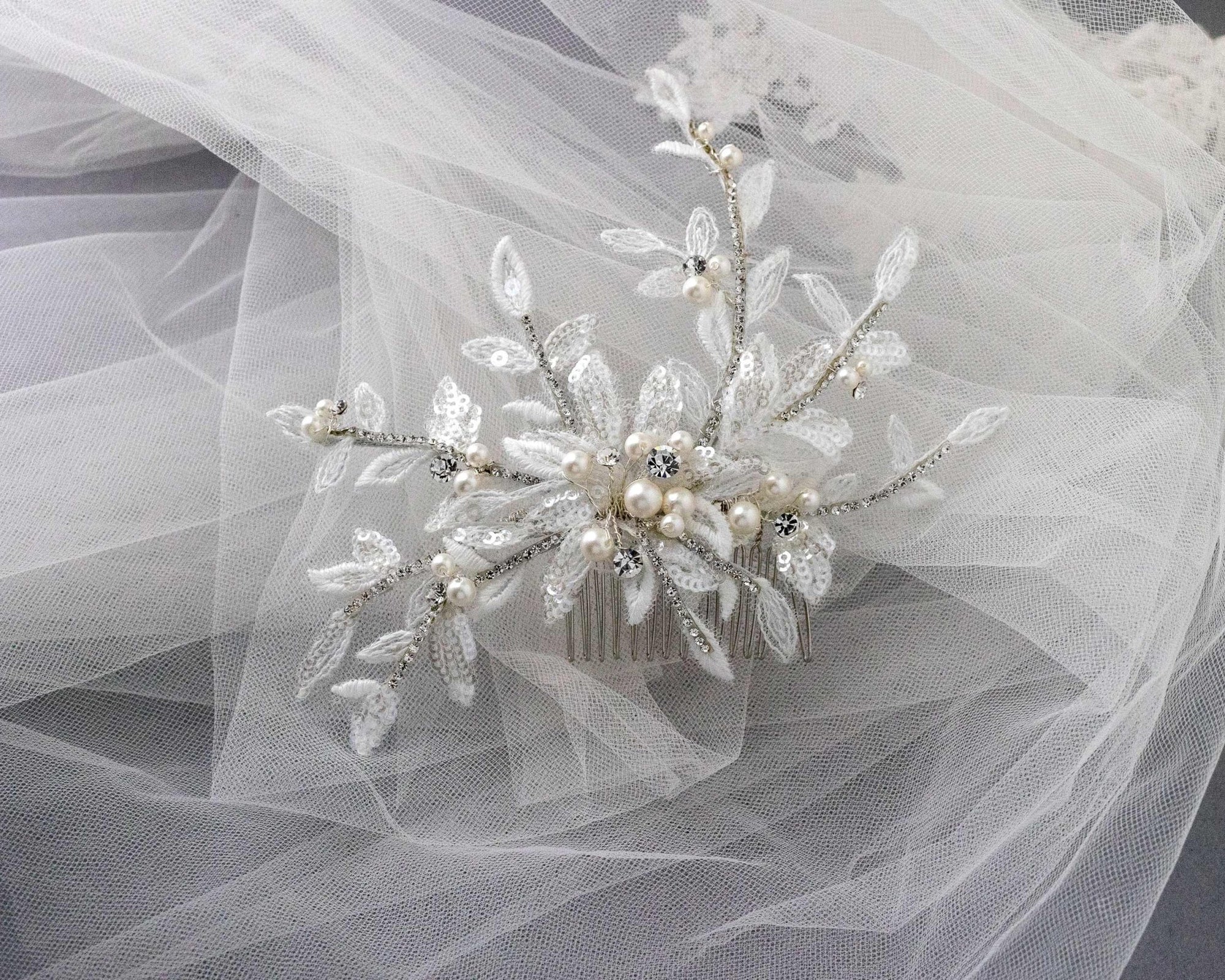 Sequined Lace Wedding Hair Flower in Ivory - Hair Comb - Cassandra Lynne