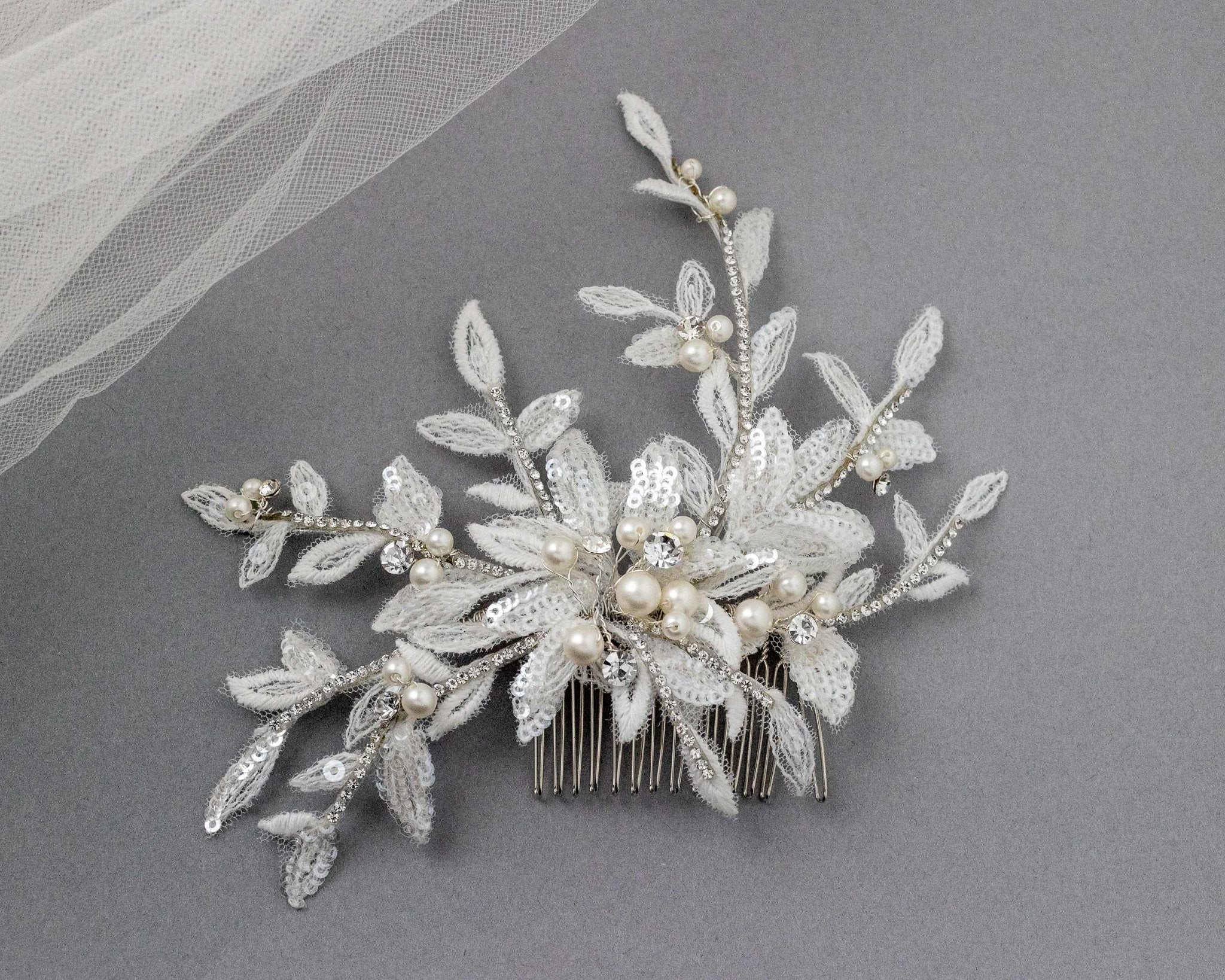 Sequined Lace Wedding Hair Flower in Ivory - Hair Comb - Cassandra Lynne