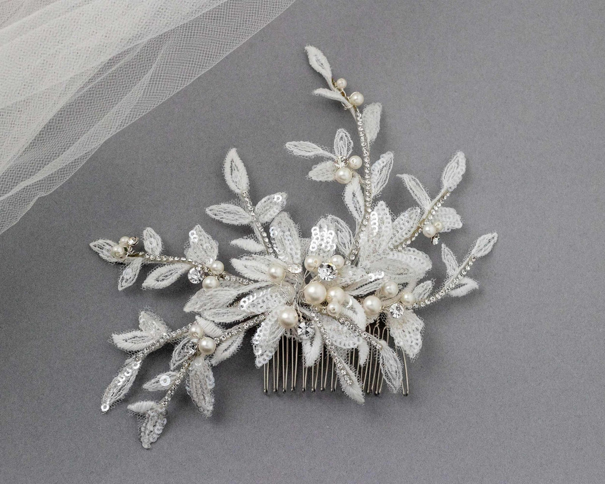 Sequined Lace Wedding Hair Flower in Ivory - Hair Comb - Cassandra Lynne