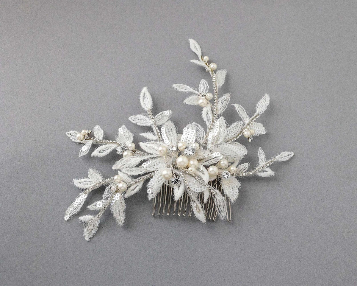 Sequined Lace Wedding Hair Flower in Ivory - Hair Comb - Cassandra Lynne