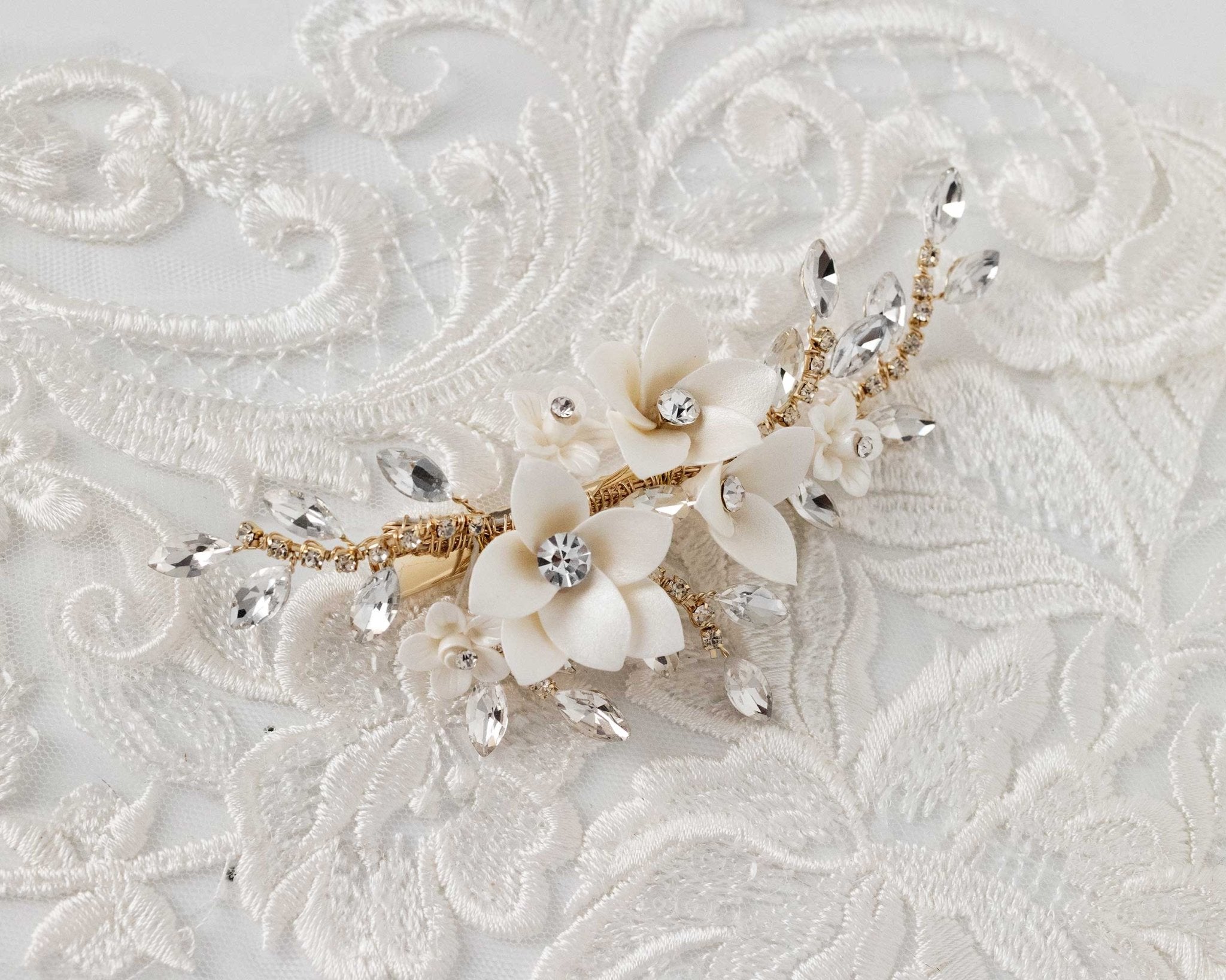 Shimmer Porcelain Flower Bridal Hair Clip - Hair Clips - Cassandra Lynne