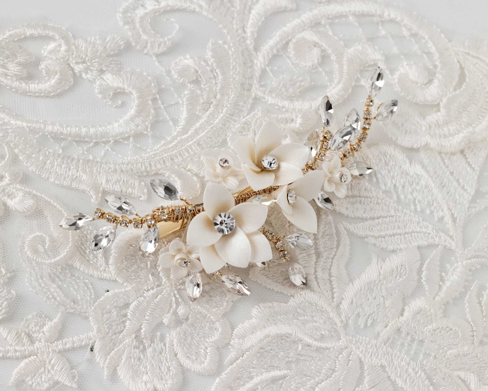 Shimmer Porcelain Flower Bridal Hair Clip - Hair Clips - Cassandra Lynne