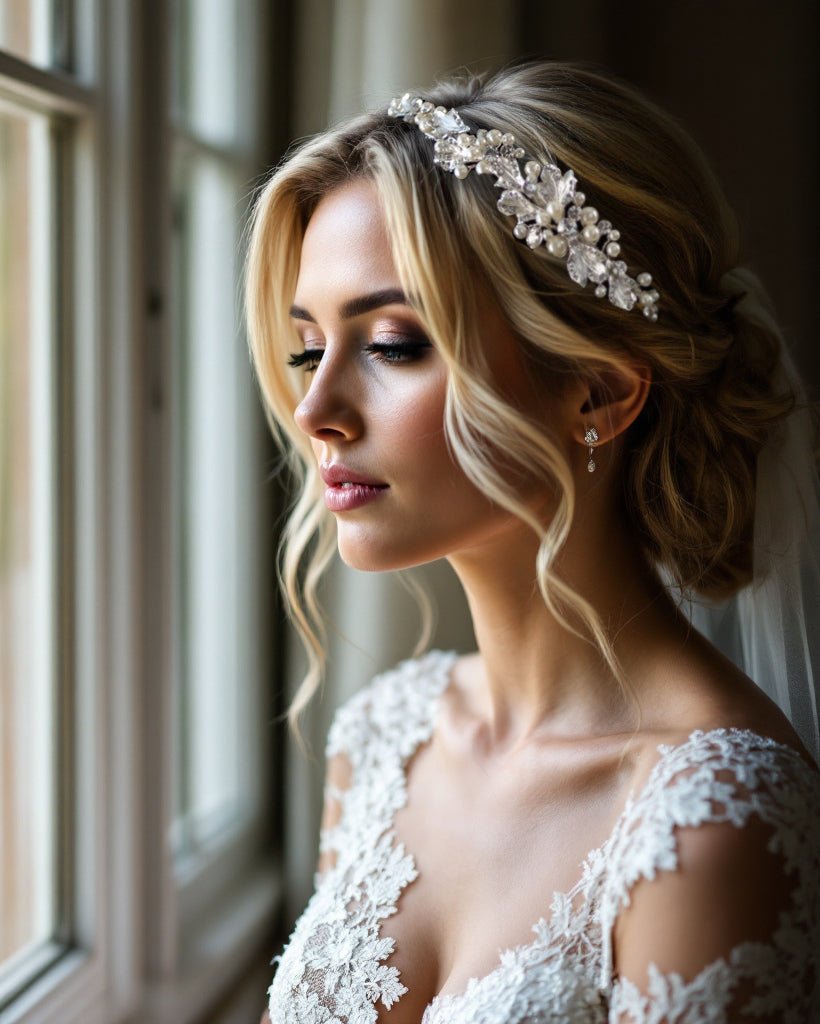 Side Accent Bridal Headband with Silver Leaves - Headband - Cassandra Lynne