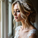 Side Accent Bridal Headband with Silver Leaves - Headband - Cassandra Lynne